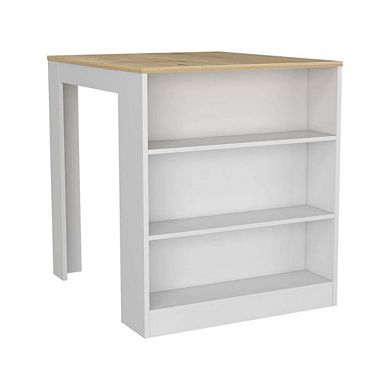 Milos Kitchen Island Table, Two Legs, Three Side Shelves, White / Pine