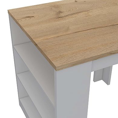 Milos Kitchen Island Table, Two Legs, Three Side Shelves, White / Pine