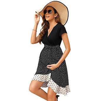 Women Maternity Casual Short Sleeve V Neck Print High Low Midi Dress