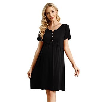 Women Maternity Casual Short Scoop Neck Button Front Pleated Knee Length T-Shirt Dress