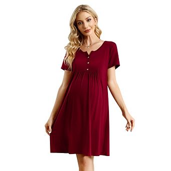 Women Maternity Casual Short Scoop Neck Button Front Pleated Knee Length T-Shirt Dress