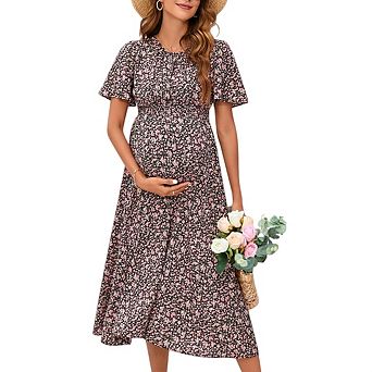 Women Maternity Casual Short Sleeve Round Neck Smocked Bodice Maxi Dress