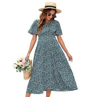 Women Maternity Casual Short Sleeve Round Neck Smocked Bodice Maxi Dress