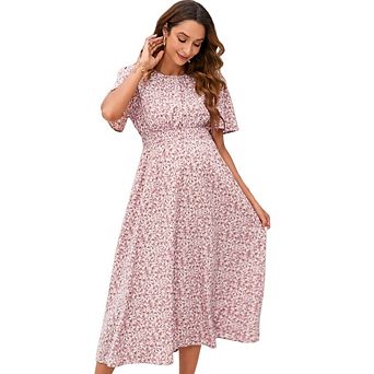 Women Maternity Casual Short Sleeve Round Neck Smocked Bodice Maxi Dress