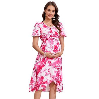 Women Maternity Casual Short Sleeve V Neck Drawstring Waist Floral Print High Midi Dress