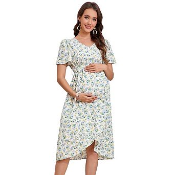 Women Maternity Casual Short Sleeve V Neck Drawstring Waist Floral Print High Midi Dress