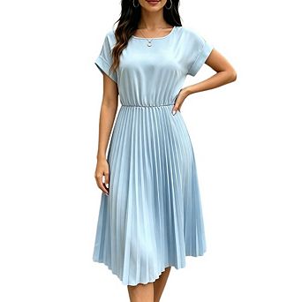 Women's Round Neck Pleated Midi Dress - Short Sleeve Elastic Waist A-Line Dress