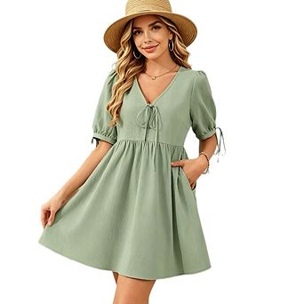 Women's V Neck Tie Front Babydoll Dress Puff Short Sleeve Casual Flowy Mini Dress