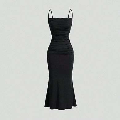 Women's Spaghetti Strap Ruched Slim Maxi Dress Elegant Bodycon Formal Dress