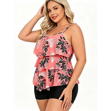 Women's Plus Size Ruffled Tankini Two Piece Swimsuit with Boyshort Bottom