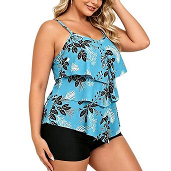 Women's Plus Size Ruffled Tankini Two Piece Swimsuit with Boyshort Bottom