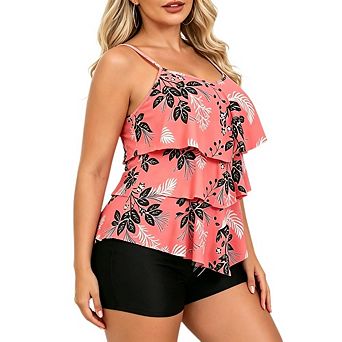 Women's Plus Size Ruffled Tankini Two Piece Swimsuit with Boyshort Bottom