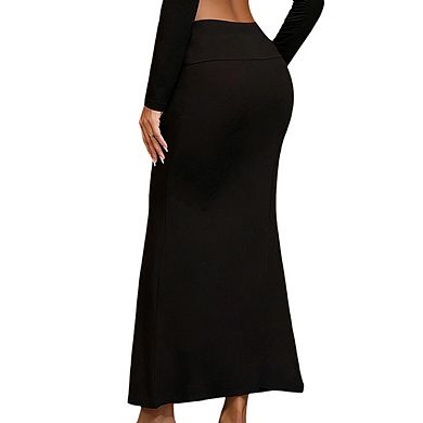 Women's High Waisted Over Belly Stretchy Casual Maxi Maternity Skirt