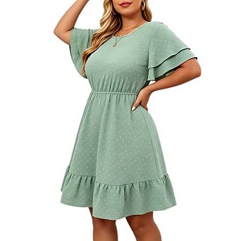 Women's Plus Size Swiss Dot Double Layer Flutter Sleeve Ruffle Hem Casual Mini Dress