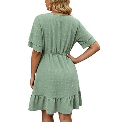 Women's Plus Size Swiss Dot Double Layer Flutter Sleeve Ruffle Hem Casual Mini Dress