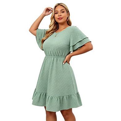 Women's Plus Size Swiss Dot Double Layer Flutter Sleeve Ruffle Hem Casual Mini Dress