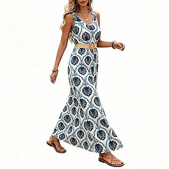 Women's Printed Knotted V Neck Sleeveless Fitted Waist Long Dress Summer Casual Dress