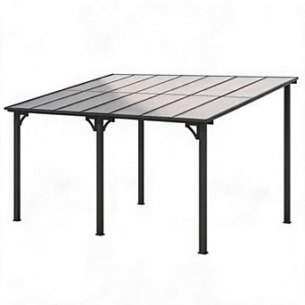 Wall Mount Hardtop Lean-To Pergola with Gutters, Weatherproof Patio Awning for Deck Porch