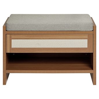 31 Inch Farmhouse Shoe Bench, Rattan Accent Entryway Bench with Storage Drawer, Open Shelf&Cushion