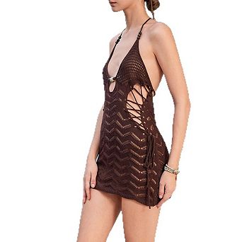 Women Crochet Halter Bodycon Dress Summer Knit Cutout Tie up Backless Mini Dress Beach Cover Up