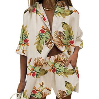 Women's 2 pc Vacation Outfits Leaf Print Short Sleeve Shirt and Shorts Set Casual Beach Set