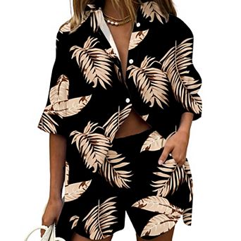 Women's 2 pc Vacation Outfits Leaf Print Short Sleeve Shirt and Shorts Set Casual Beach Set