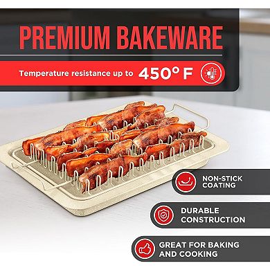Nonstick Bacon Tray Set with Rack, Marble Coating Cooking Tray, Carbon Steel Rack, 2-Piece Set