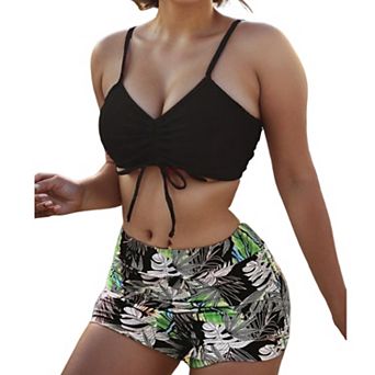 Women's Two-Piece Bikini Swimsuit Set Ruched Drawstring Top Print High Waisted Shorts Bathing Suit