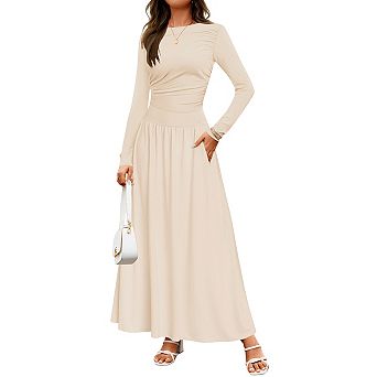 Women's Round Neck Long Sleeve Knit Maxi Dress with Ruched Waist and Pockets