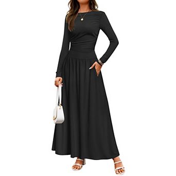 Women's Round Neck Long Sleeve Knit Maxi Dress with Ruched Waist and Pockets