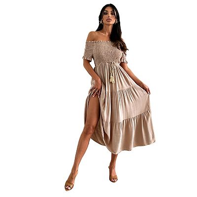 smocked off shoulder dress Zhyaj Womens Off Shoulder Maxi Dress Short Sleeve Loose Fit Flowy Plus Size  Swing Trendy Boho Sundress Smocked, Black, S at Amazon Women's Clothing  store