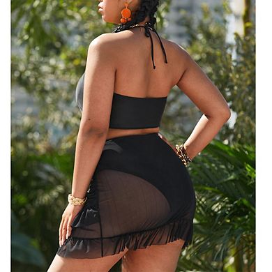 Women's Plus Size 2 Piece Swimsuit with Bow Bikini Top and Ruffle Skirt Cover Up