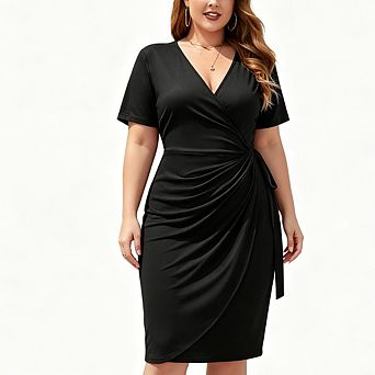 Women's Plus Size Wrap Dress Short Sleeve V-Neck Ruched Tie Waist Midi Dress