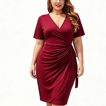 Women's Plus Size Wrap Dress Short Sleeve V-Neck Ruched Tie Waist Midi Dress