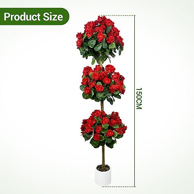 Realistic 5FT Artificial Geranium Triple-Ball Topiary Tree, Lifelike Silk Flowers