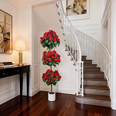 Realistic 5FT Artificial Geranium Triple-Ball Topiary Tree, Lifelike Silk Flowers