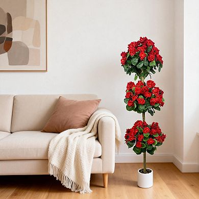 Realistic 5FT Artificial Geranium Triple-Ball Topiary Tree, Lifelike Silk Flowers
