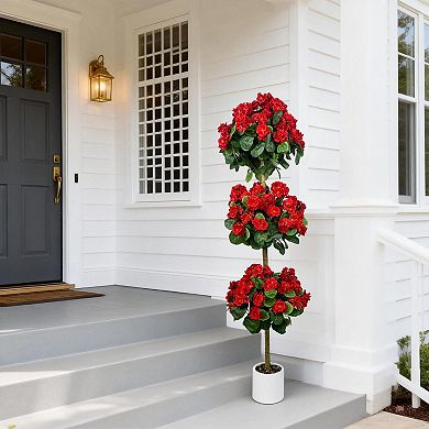 Realistic 5FT Artificial Geranium Triple-Ball Topiary Tree, Lifelike Silk Flowers