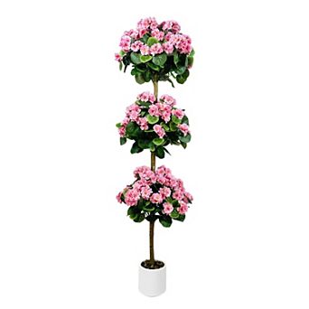Realistic 5FT Artificial Geranium Triple-Ball Topiary Tree, Lifelike Silk Flowers