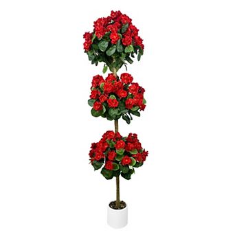 Realistic 5FT Artificial Geranium Triple-Ball Topiary Tree, Lifelike Silk Flowers