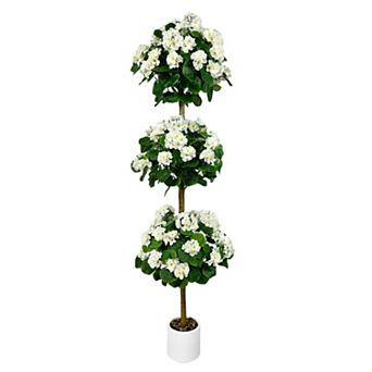 Realistic 5FT Artificial Geranium Triple-Ball Topiary Tree, Lifelike Silk Flowers