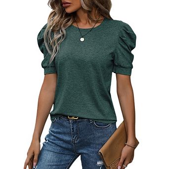 Women's Puff Short Sleeve Tops Summer Casual Crew Neck T Shirts Work Tunic Top Blouses