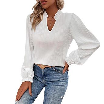 Womens Dressy Blouse Casual Long Ruffle Sleeve V Neck T-Shirts Work Business Loose Tunic Tops