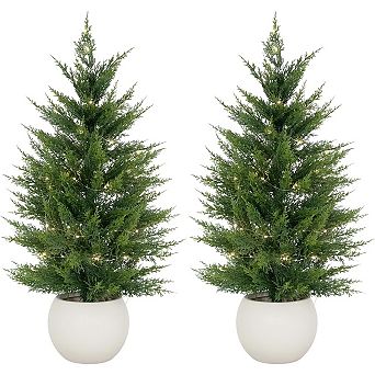 2 pc Artificial Pine Trees Realistic 3D Needles Faux Potted Plants in White Round Pots