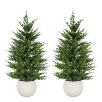 2 pc Artificial Evergreen Pine Trees Realistic 3D Needles Modern White Round Pots