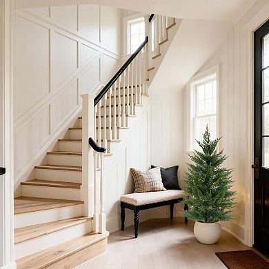 2Pcs Artificial Evergreen Pine Trees Realistic 3D Needles Modern White Round Pots