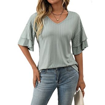 Womens Ruffle Short Sleeve Blouses Dressy Casual V Neck Shirts Summer Bell Sleeve Tunic Tops
