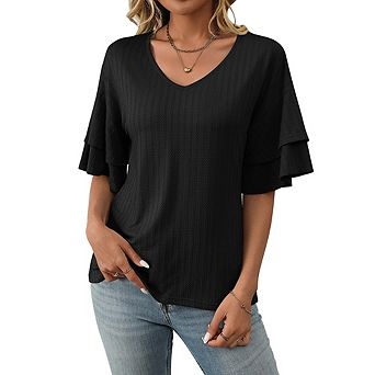 Womens Ruffle Short Sleeve Blouses Dressy Casual V Neck Shirts Summer Bell Sleeve Tunic Tops