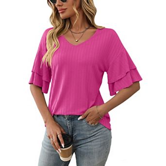 Womens Ruffle Short Sleeve Blouses Dressy Casual V Neck Shirts Summer Bell Sleeve Tunic Tops