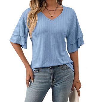 Womens Ruffle Short Sleeve Blouses Dressy Casual V Neck Shirts Summer Bell Sleeve Tunic Tops
